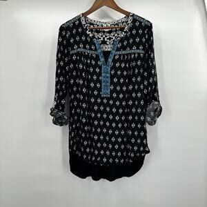 One September Top Tunic Womens XL Black Embroidered Roll Tab Sleeve Rayon Soft